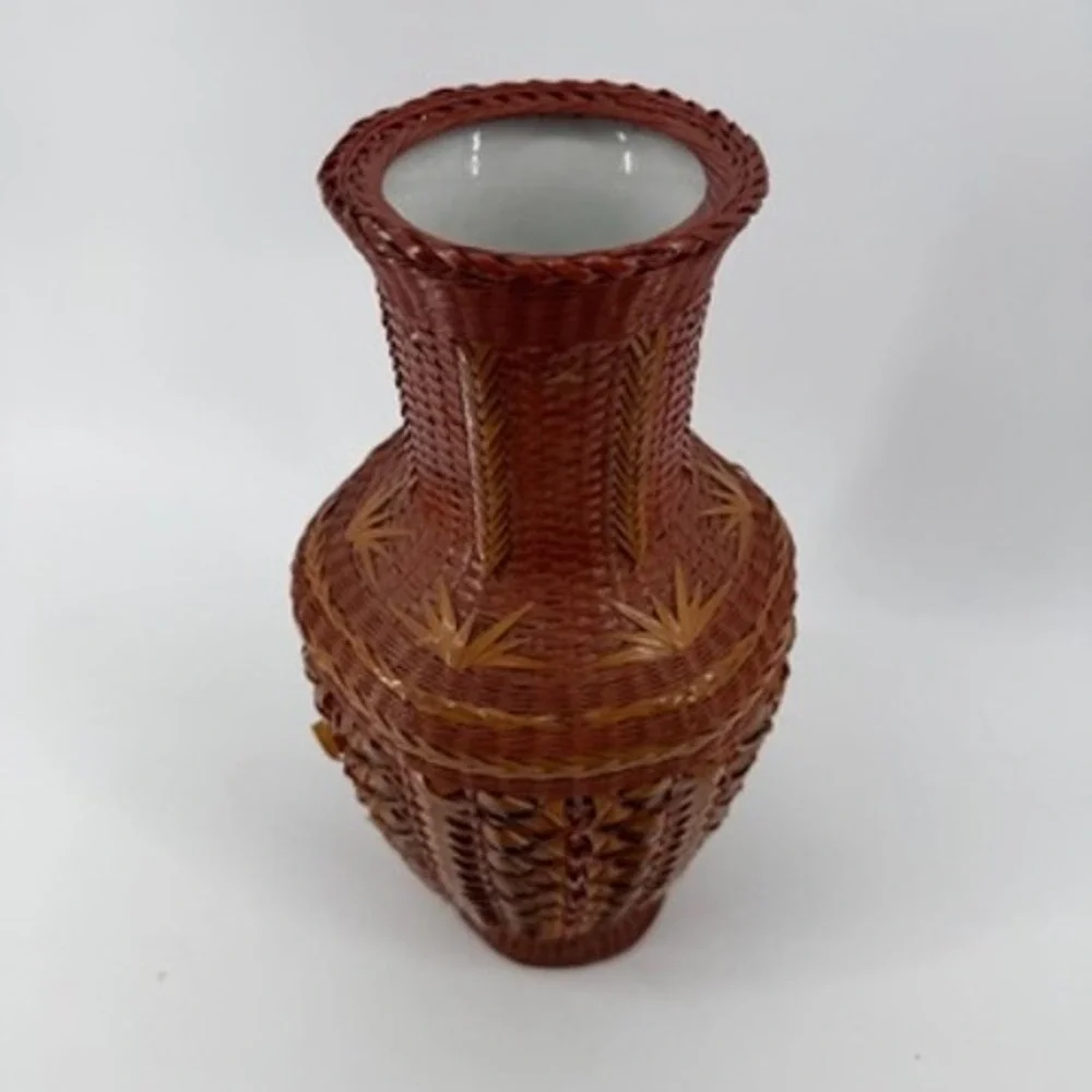 Vintage Hand Woven Bamboo and Porcelain Shanghai Vase Red Brown 12.5 Inch